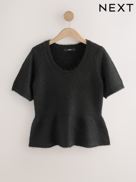 Black Scoop Neck Peplum Knitted Top With Alpaca Wool (F27646) | €34
