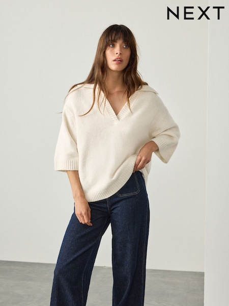 Ecru Open Collar Polo Half Sleeve Jumper With Wool (F27647) | €28
