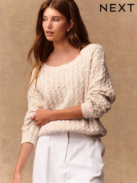 Ecru/Multi Neps Cotton Blend Boat Neck Knitted Cable Nappy Jumper (F27648) | €38