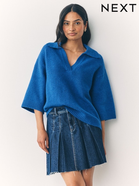Bright Blue Open Collar Polo Half Sleeve Jumper With Wool (F27649) | €28