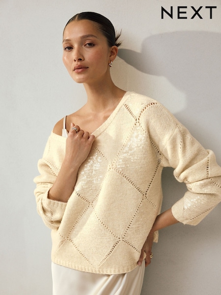 Ecru Off The Shoulder Sequin Argyle Jumper (F27650) | AED180