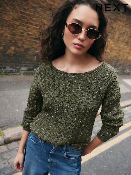 Khaki Green Cotton Blend Boat Neck Knitted Cable Nappy Jumper (F27659) | €38
