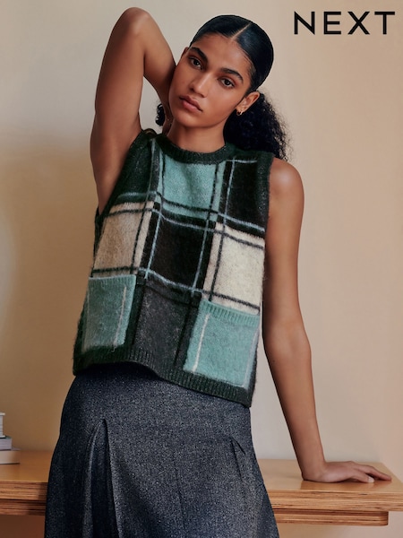 Blue Check Brushed Crew Neck Knitted Pocket Tank (F27663) | €34