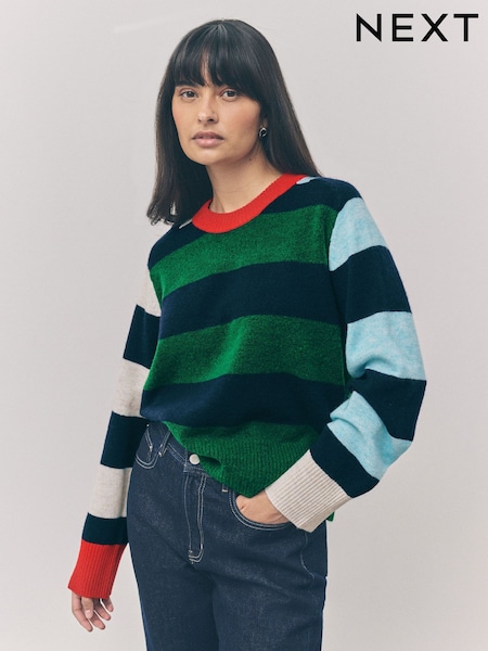 Multi Colour Stripe - Crew Neck Knitted Jumper with Wool (F27665) | R$ 220