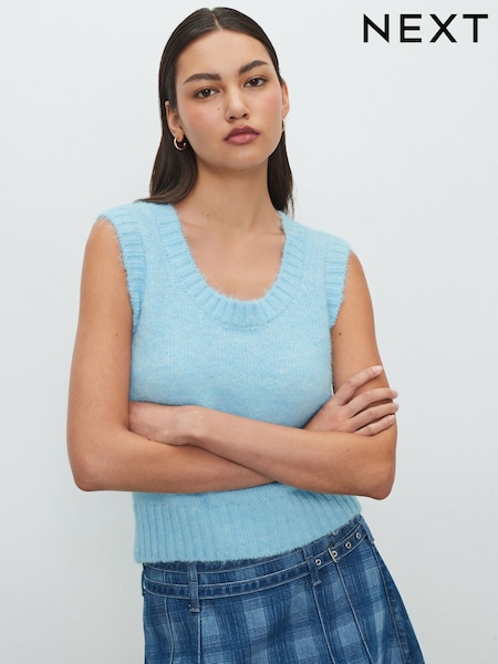 Light Blue Scoop Neck Knitted Sleeveless Tank Vest with Alpaca Wool (F27669) | €29
