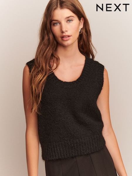 Black Scoop Neck Knitted Sleeveless Tank Vest with Alpaca Wool (F27670) | €29