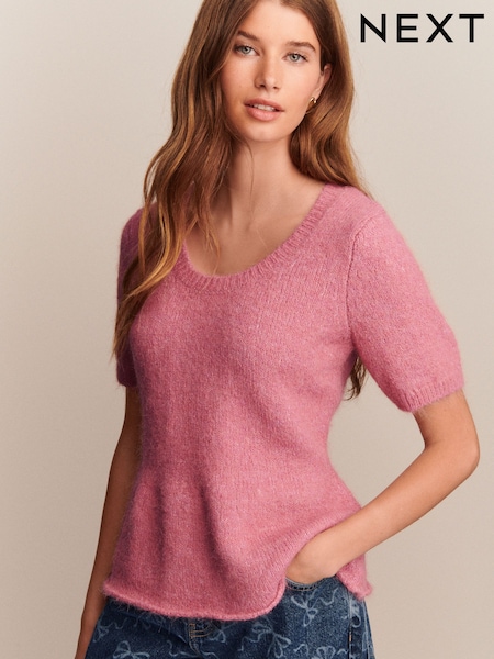 Blush Pink Scoop Neck Peplum Knitted Top With Alpaca Wool (F27671) | €34