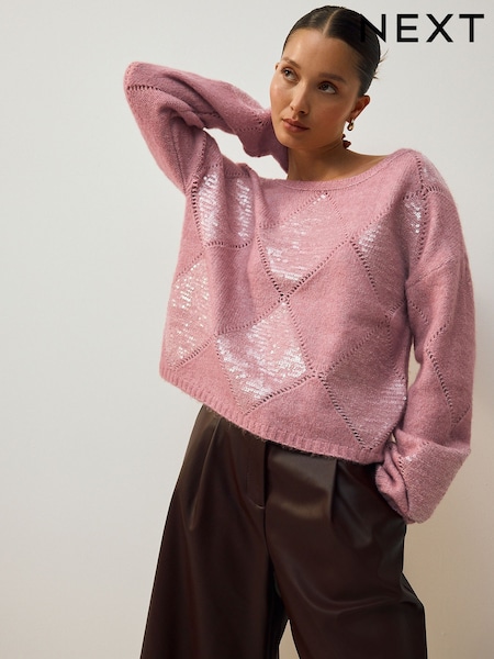 Blush Pink Off The Shoulder Sequin Argyle Jumper (F27674) | AED180