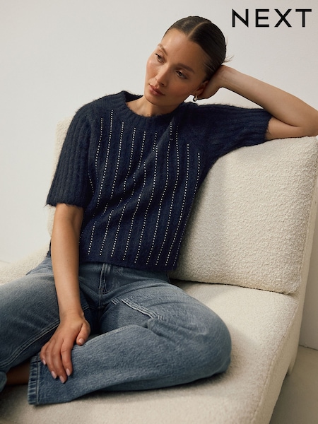 Navy Blue Gem Ribbed Crew Neck Knitted T-Shirt With Alpaca Wool (F27675) | €43