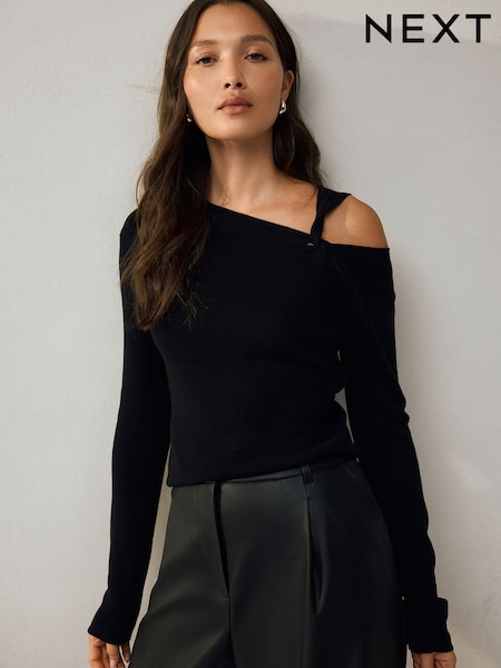 Black Soft Touch Cotton Rich Twist Shoulder Long Sleeve Jumper (F27682) | €31
