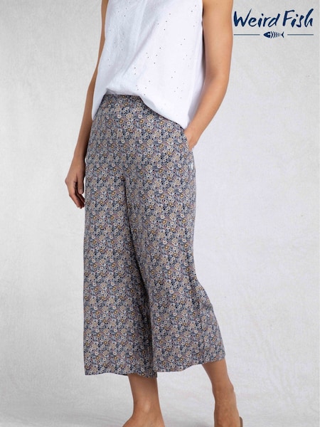 Weird Fish Blue Sarita Crinkle Viscose Printed Wide Leg Cropped Trousers (F27706) | €64