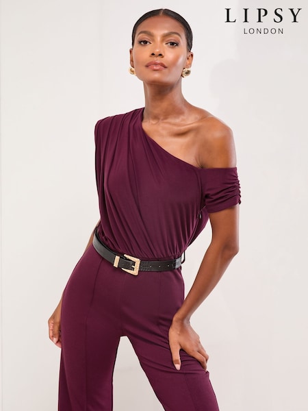 Lipsy Burgundy Red Slash Neck Belted Jumpsuit (F27711) | €83