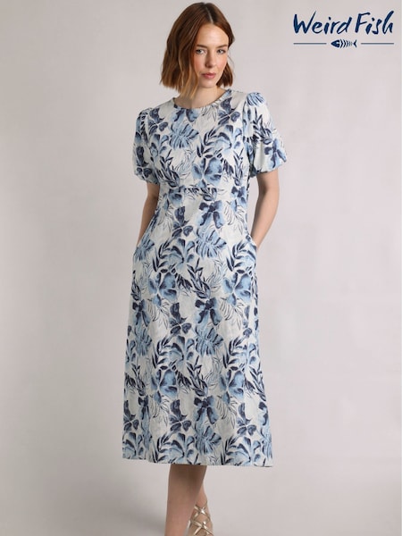 Weird Fish Blue Delanie Printed Linen Rich Tea Dress (F27723) | €108