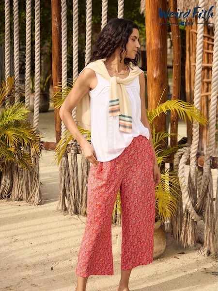 Weird Fish Red Sarita Crinkle Viscose Printed Wide Leg Cropped Trousers (F27729) | €56