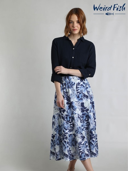Weird Fish Blue Harini 100% Cotton Doublecloth Midi Tiered Skirt (F27740) | ₪201