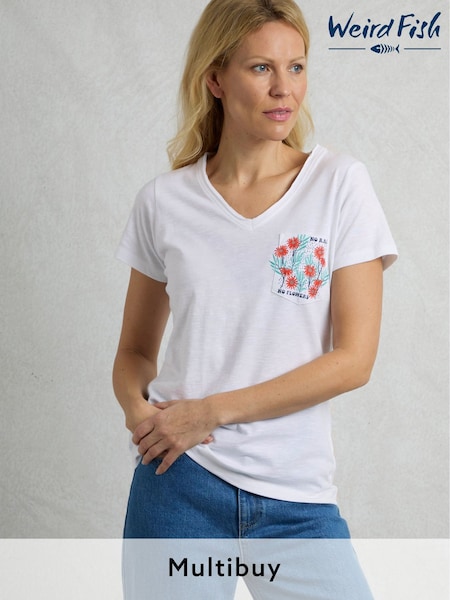 Valkoinen - Weird Fish No Rain Flowers 100% Cotton Slub Graphic Pocket T-paita (F27753) | €44