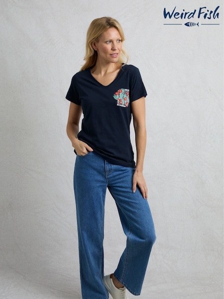 Sininen - Weird Fish No Rain Flowers 100% Cotton Slub Graphic Pocket T-paita (F27763) | €44