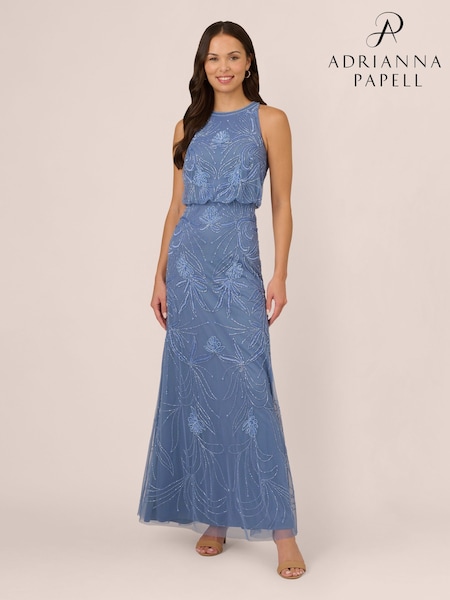 Adrianna Papell Blue Bead Blouson Long Dress (F27774) | €330