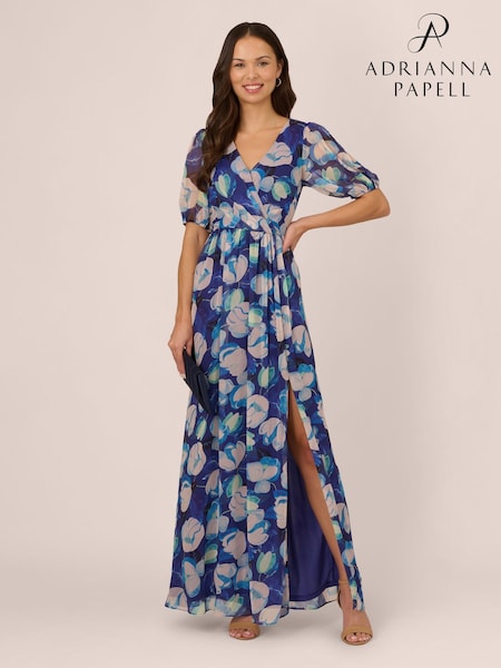 Adrianna Papell Blue Crinkle Chiffon Floral Print Gown (F27778) | ₪1,252
