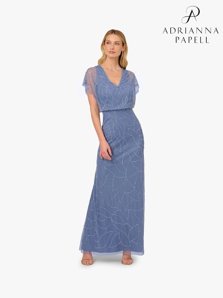 Adrianna Papell Blue Beaded Blouson Long Dress (F27779) | kr4 190
