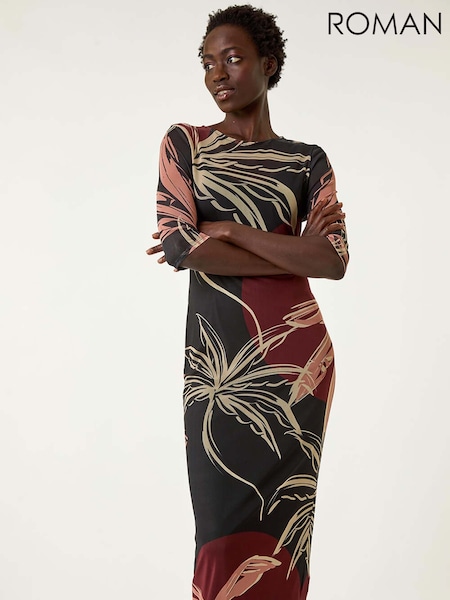 Roman Black Palm Print Mesh Maxi Stretch Dress (F27788) | €77