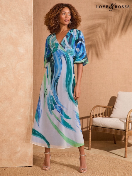 Love & Roses Blue Abstract Petite Printed V-Neck Puff Sleeve Midi Dress (F27795) | 376 QAR