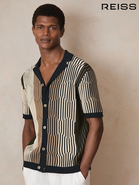 Reiss Navy/Camel Andre Reiss | Ché Stripe-Intarsia Shirt (F27888) | €189
