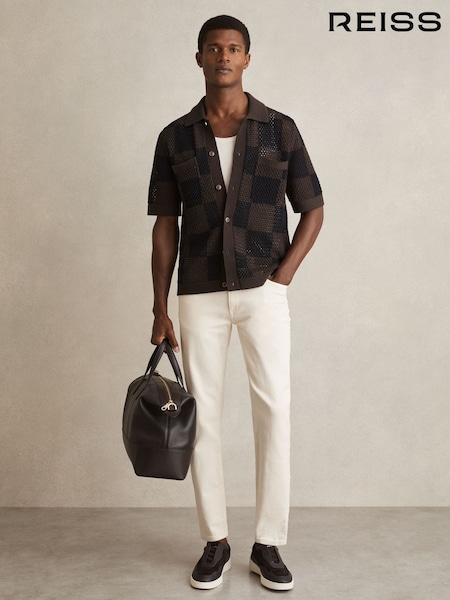 Reiss Chocolate/Navy Alfred Cotton Chequerboard Crochet Shirt (F27985) | €213