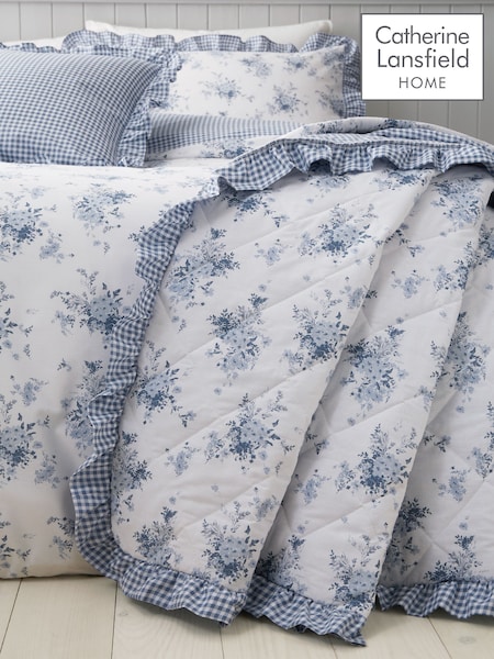 Catherine Lansfield Blue Lucie Floral Frill Reversible Bedspread (F28048) | €78