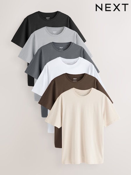 Black/White/Grey/Slate Grey/Stone/Brown Regular Fit Essential Cotton T-Shirts 6 Pack (F28421) | AED197