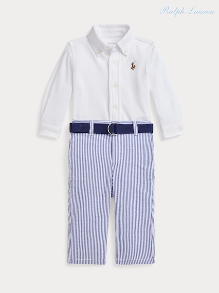 Polo Ralph Lauren White Baby Boys White Shirt Belt Seersucker Shirts And Trousers Set (F28477) | €177
