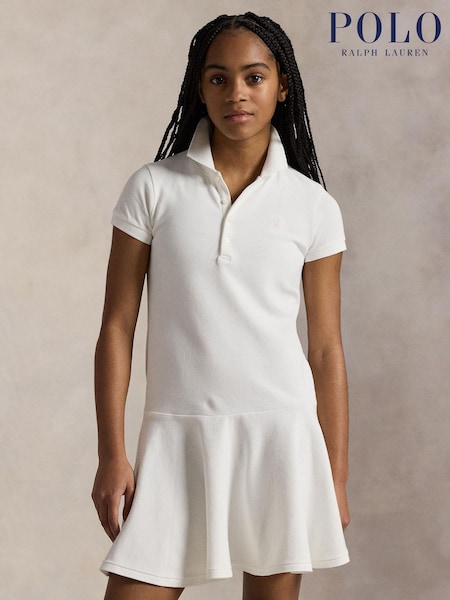 Alb - Rochie polo pique elastică pentru fete Polo Ralph Lauren (F28514) | 663 LEI