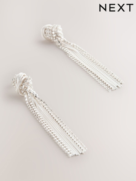Silver Tone Knot Detail Long Tassel Earrings (F28546) | €19
