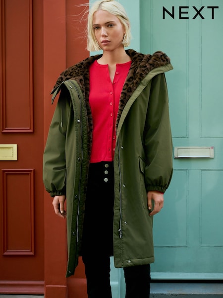 Khaki Green Parka with Animal Print Faux Fur Lining (F29046) | €91