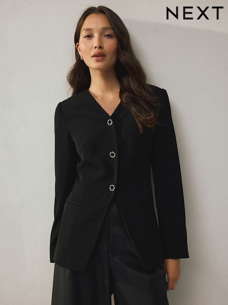 Preto - Collarless V-Neck Blazer (F29089) | R$ 435