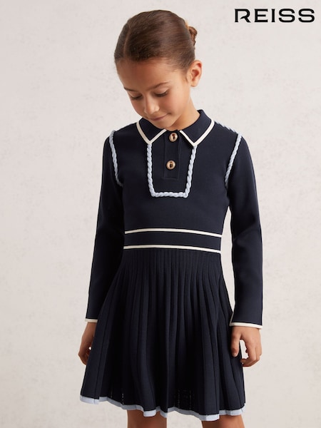 Reiss Navy Freya Piped Knitted Skater Dress (F29237) | €102