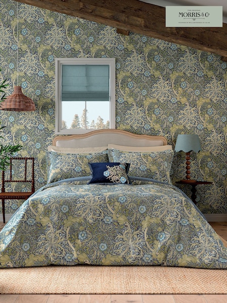 Morris & Co Cobalt Thyme Morris 100% Cotton Seaweed Duvet Cover and Pillowcase Set (F29281) | €95 - €177
