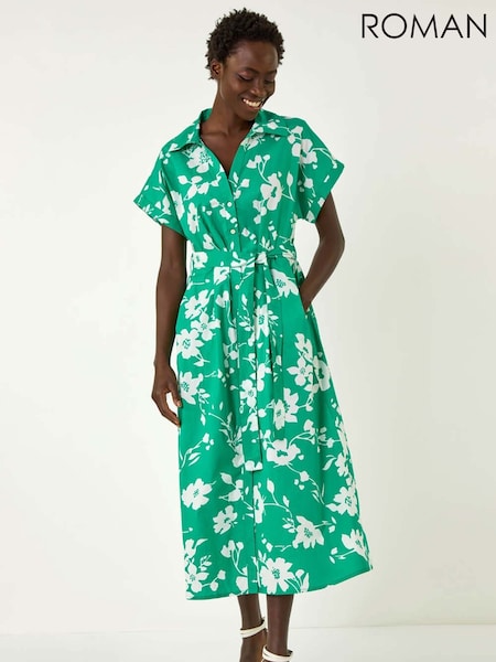 Roman Green Floral Cotton Poplin Shirt 100% Cotton Dress (F29470) | €69