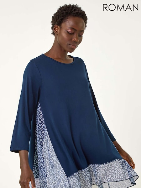 Roman Blue Animal Print Contrast Mesh Hem Stretch Top (F29475) | €48