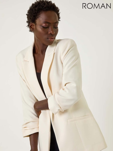 Roman White Tailored Ruched Sleeve Stretch Jacket (F29479) | AED400