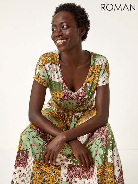 Roman Green Patchwork Shirred Maxi Dress (F29480) | R$ 665