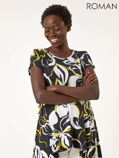 Roman Yellow Textured Floral Hanky Hem Top (F29485) | AZN 98