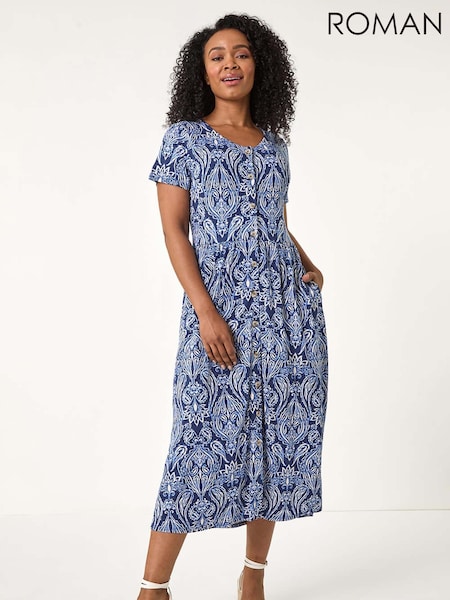 Roman Blue Petite Paisley Button Front Dress (F29819) | €63