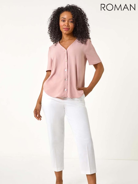 Roman Pink Petite V-Neck Button Through Blouse (F29826) | 223 QAR