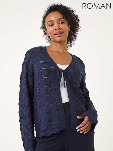 Roman Blue Dark Petite Plain Knitted Tie Cardigan (F29843) | €69