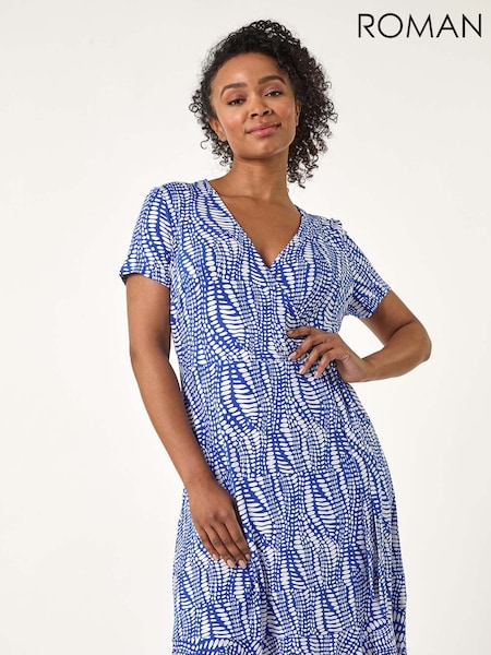 Roman Blue Petite Abstract Print Wrap Frill Dress (F29844) | €58