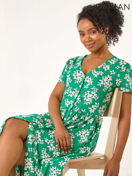 Roman Green Petite Floral Button Up Midi Dress (F29845) | R$ 605
