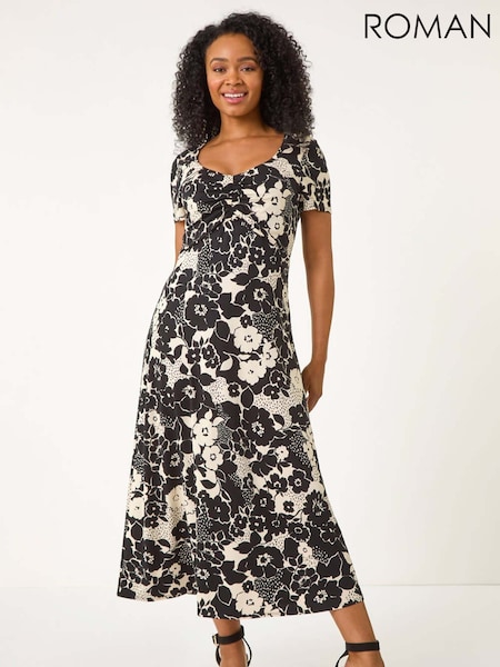 Roman Black Petite Floral Ruched Front Dress (F29851) | €60