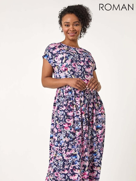 Roman Petite Floral Print Gathered Midi Dress (F29858) | €76