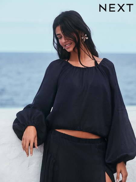 Blue 100% Linen Long Sleeve Boho Top (F29902) | R$ 340